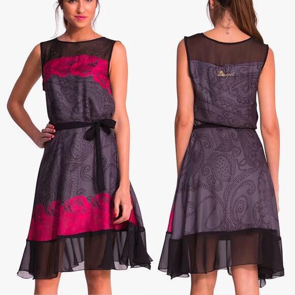 Desigual Dresses & Skirts - Desigual Giordin Illusion Sleeveless Rose Floral Tie Waist Knee Length Dress 8
